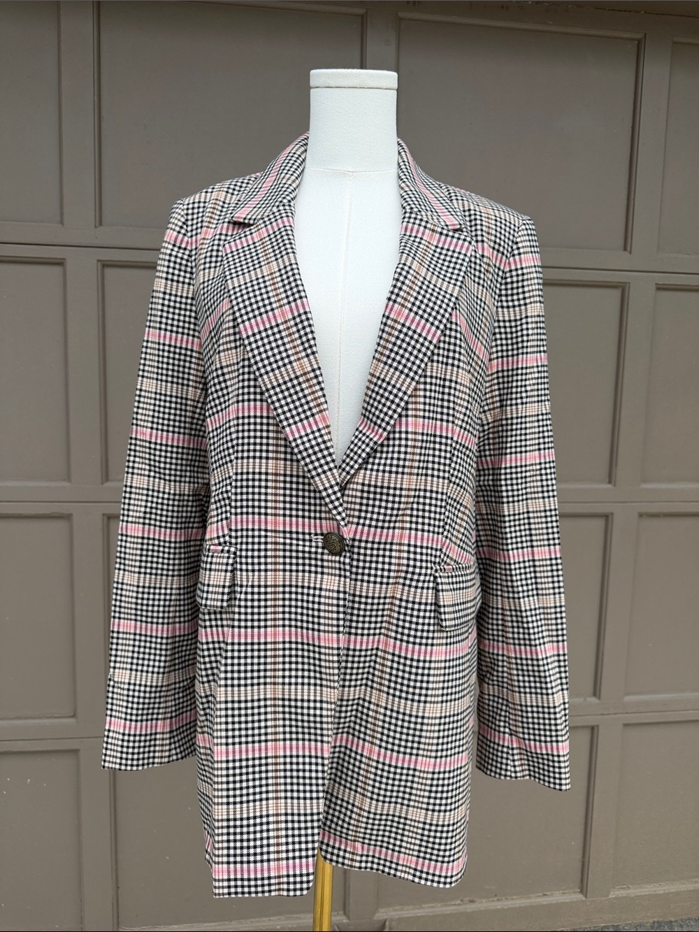LOFT Black & White Checked Blazer with Pink Stripes